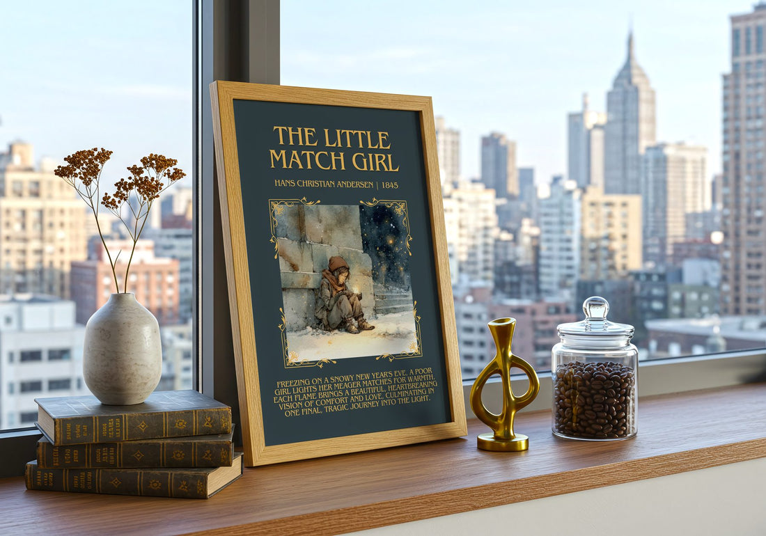 Little Match Girl Minimalist Book Poster by Hans Christian Andersen – framed print on a city-view windowsill