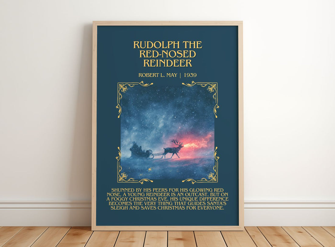 Rudolph The Red-Nosed Reindeer Minimalist Book Poster by Robert L. May – framed print leaning on a wooden floor