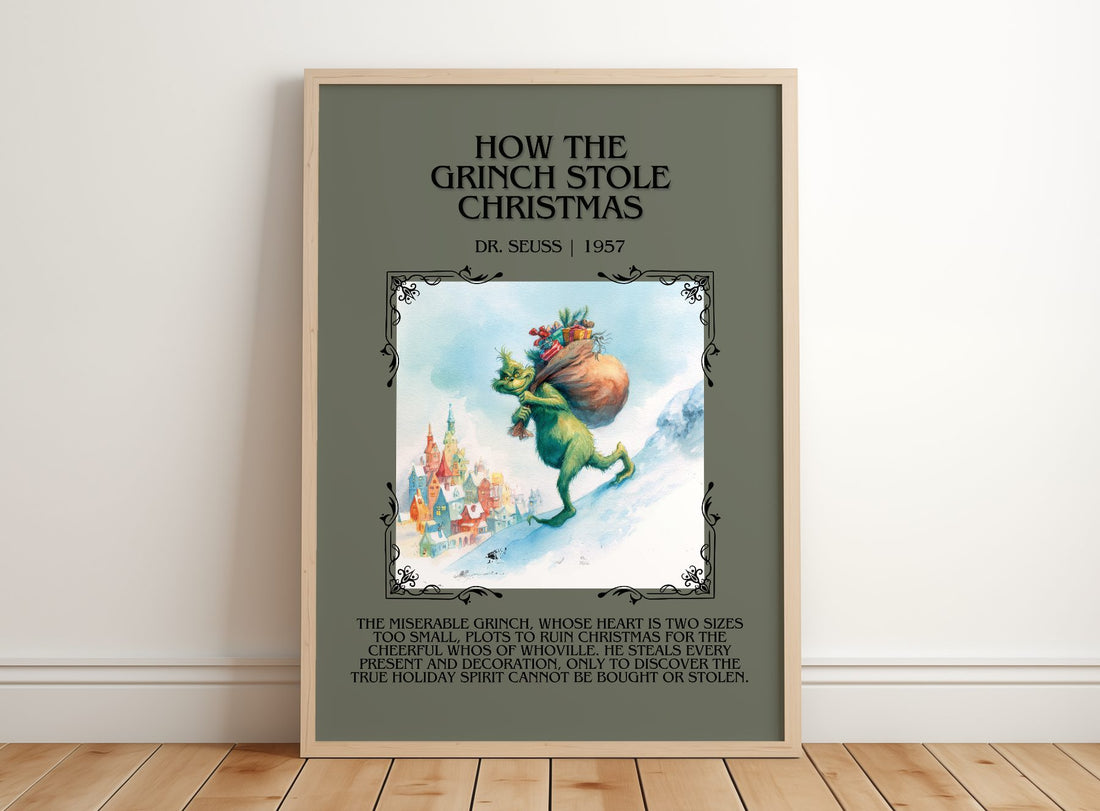How The Grinch Stole Christmas Minimalist Book Poster by Dr. Seuss – framed print leaning on a wooden floor