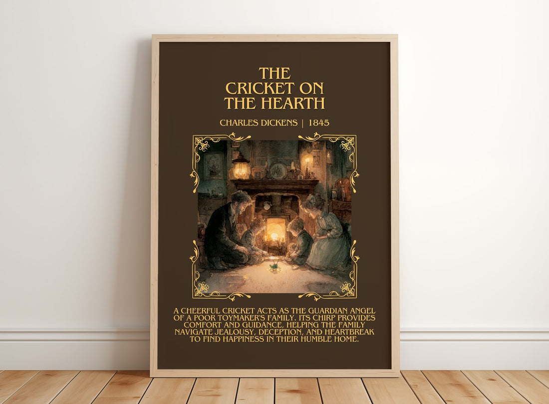 The Cricket On The Hearth Minimalist Book Poster by Charles Dickens – framed print leaning on a wooden floor