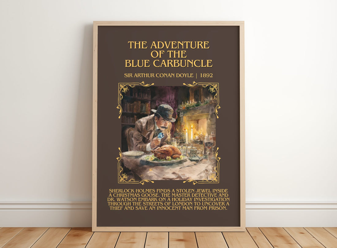 Adventure Of The Blue Carbuncle Minimalist Book Poster by S. Doyle – framed print leaning on a wooden floor