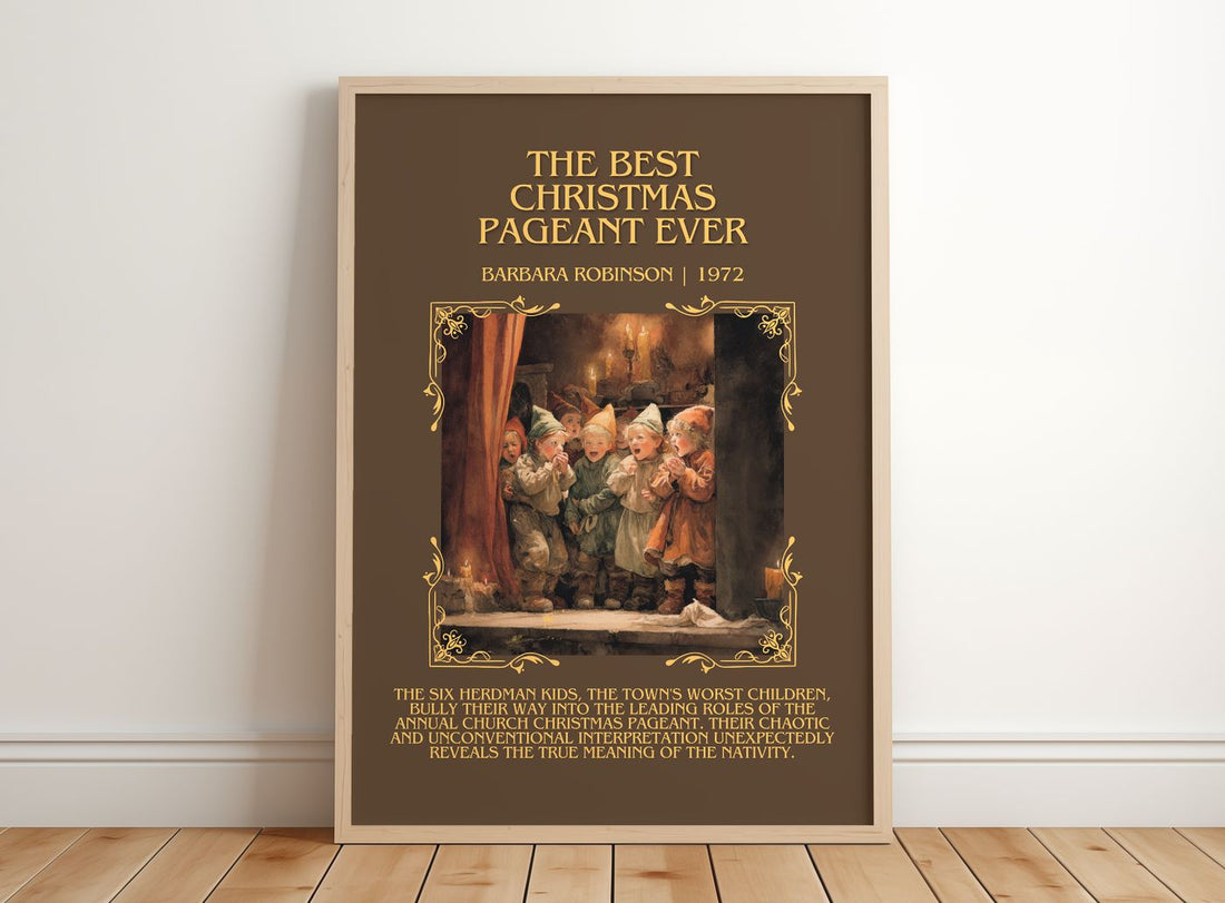 Best Christmas Pageant Ever Minimalist Book Poster by Barbara Robinson – framed print leaning on a wooden floor