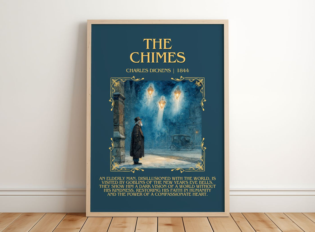 The Chimes Minimalist Book Poster by Charles Dickens – framed print leaning on a wooden floor