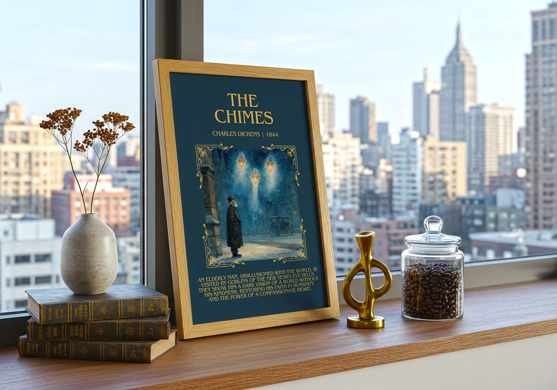 The Chimes Minimalist Book Poster by Charles Dickens – framed print on a city-view windowsill