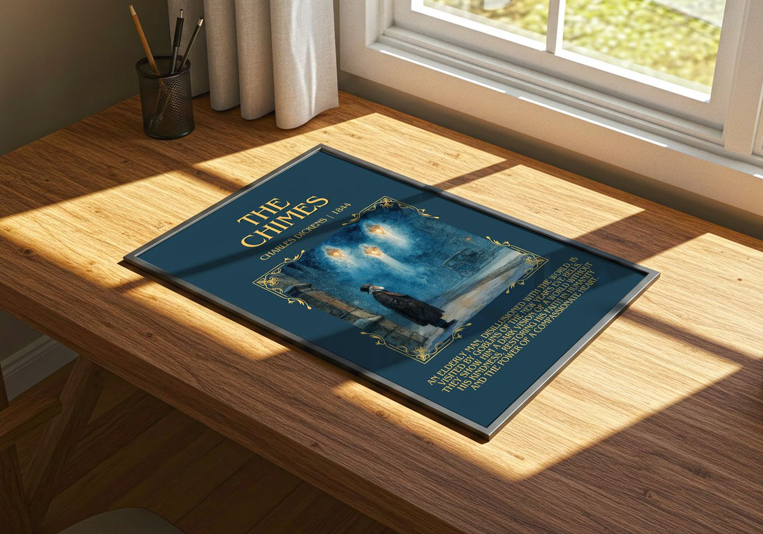 The Chimes Minimalist Book Poster by Charles Dickens – print on a sunlit desk