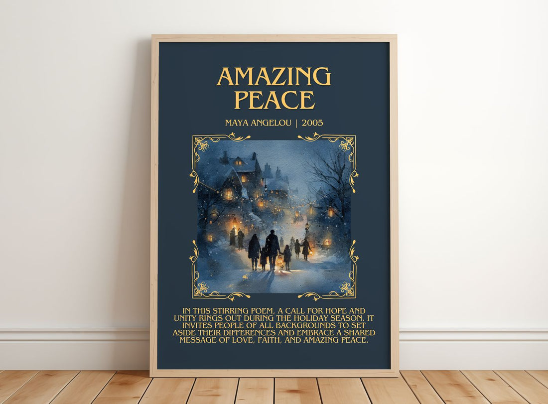 Amazing Peace Minimalist Book Poster by Maya Angelou – framed print leaning on a wooden floor