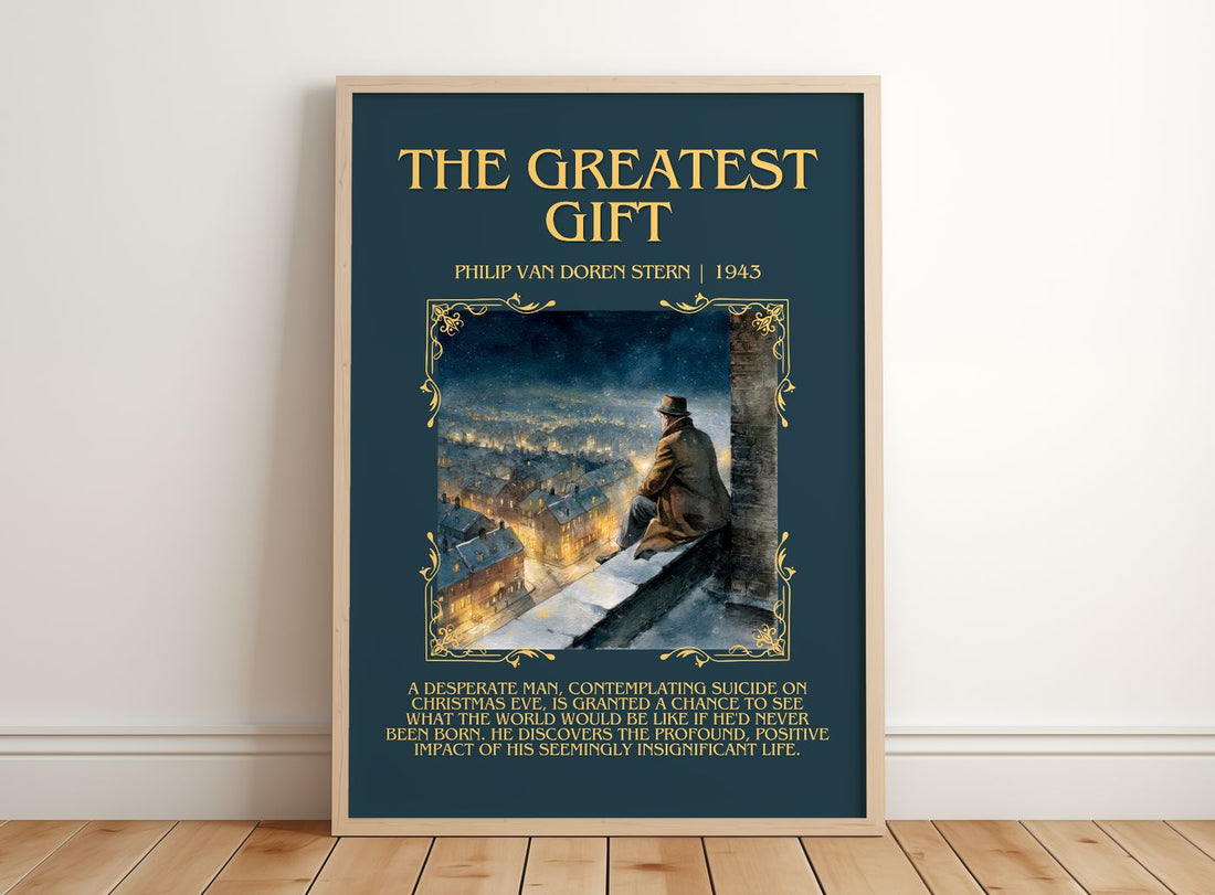 The Greatest Gift Minimalist Book Poster by Philip Van Doren Stern – framed print leaning on a wooden floor
