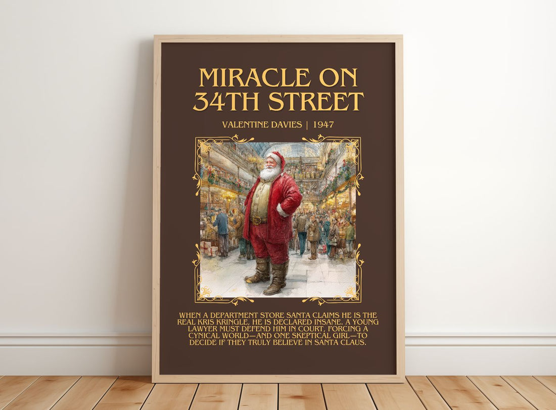 Miracle On 34Th Street Minimalist Book Poster by Valentine Davies – framed print leaning on a wooden floor