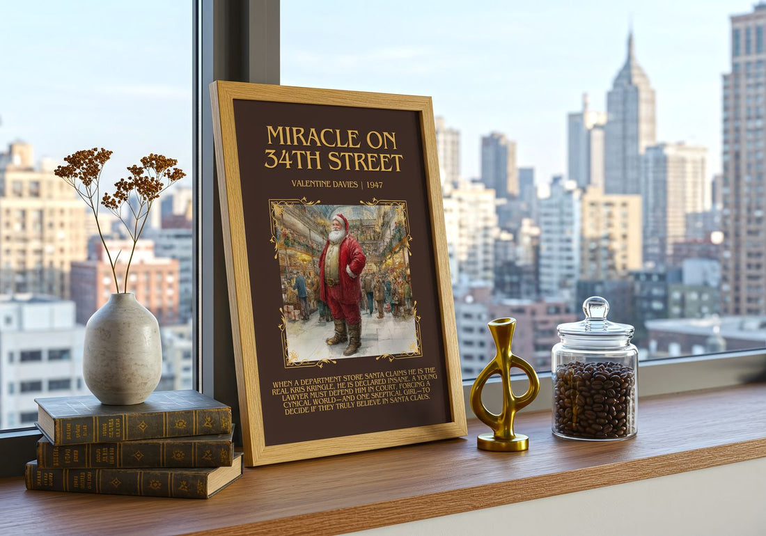 Miracle On 34Th Street Minimalist Book Poster by Valentine Davies – framed print on a city-view windowsill