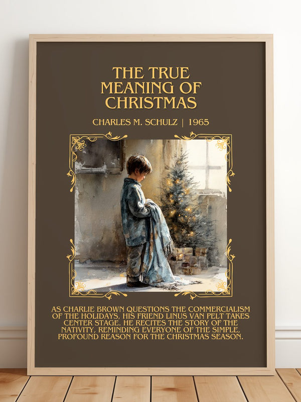 True Meaning Of Christmas Minimalist Book Poster by Charles M. Schulz – framed print leaning on a wooden floor