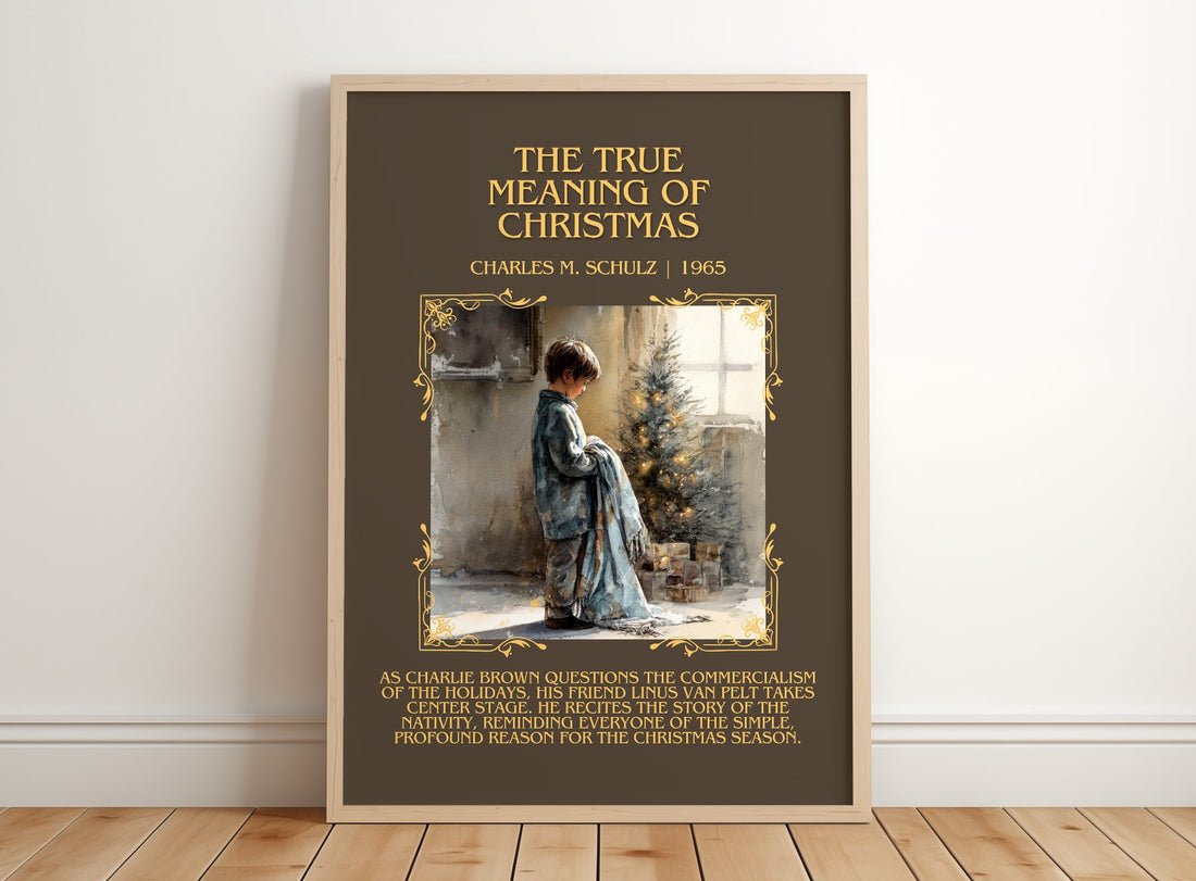 True Meaning Of Christmas Minimalist Book Poster by Charles M. Schulz – framed print leaning on a wooden floor