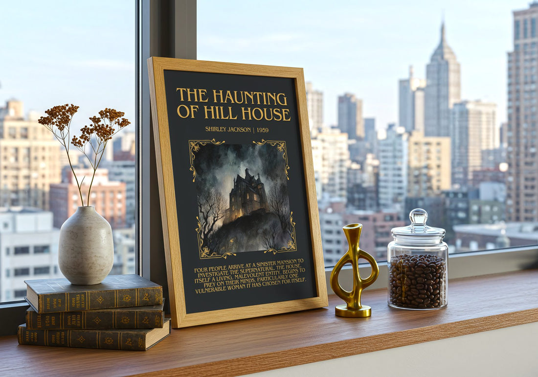 The Haunting Of Hill House Minimalist Book Poster by Shirley Jackson – framed print on a city-view windowsill