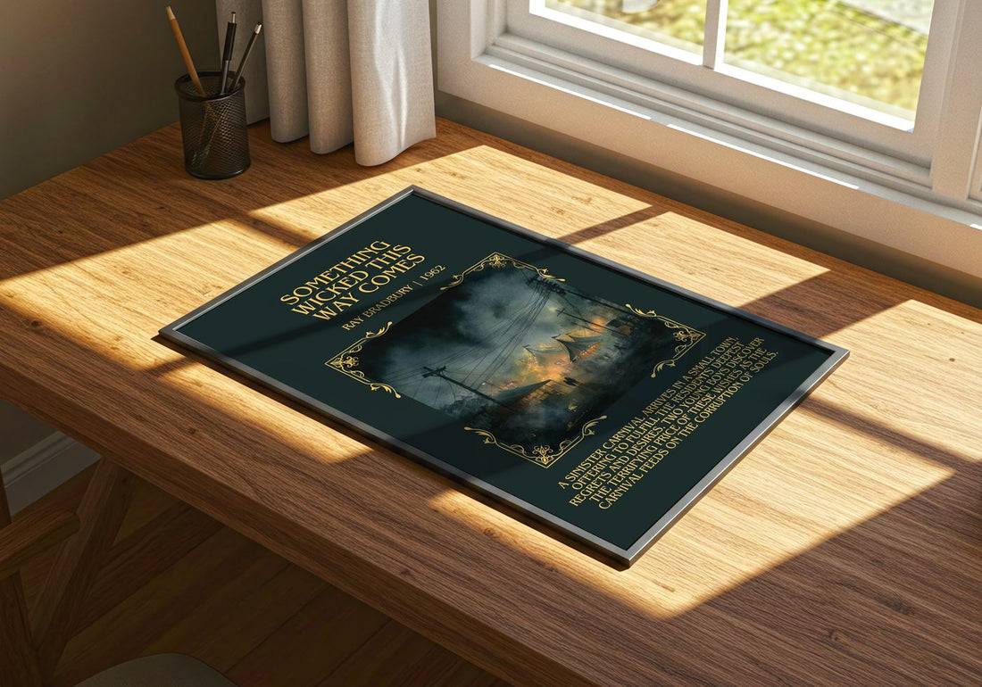 Something Wicked This Way Comes Minimalist Book Poster by Ray Bradbury – print on a sunlit desk
