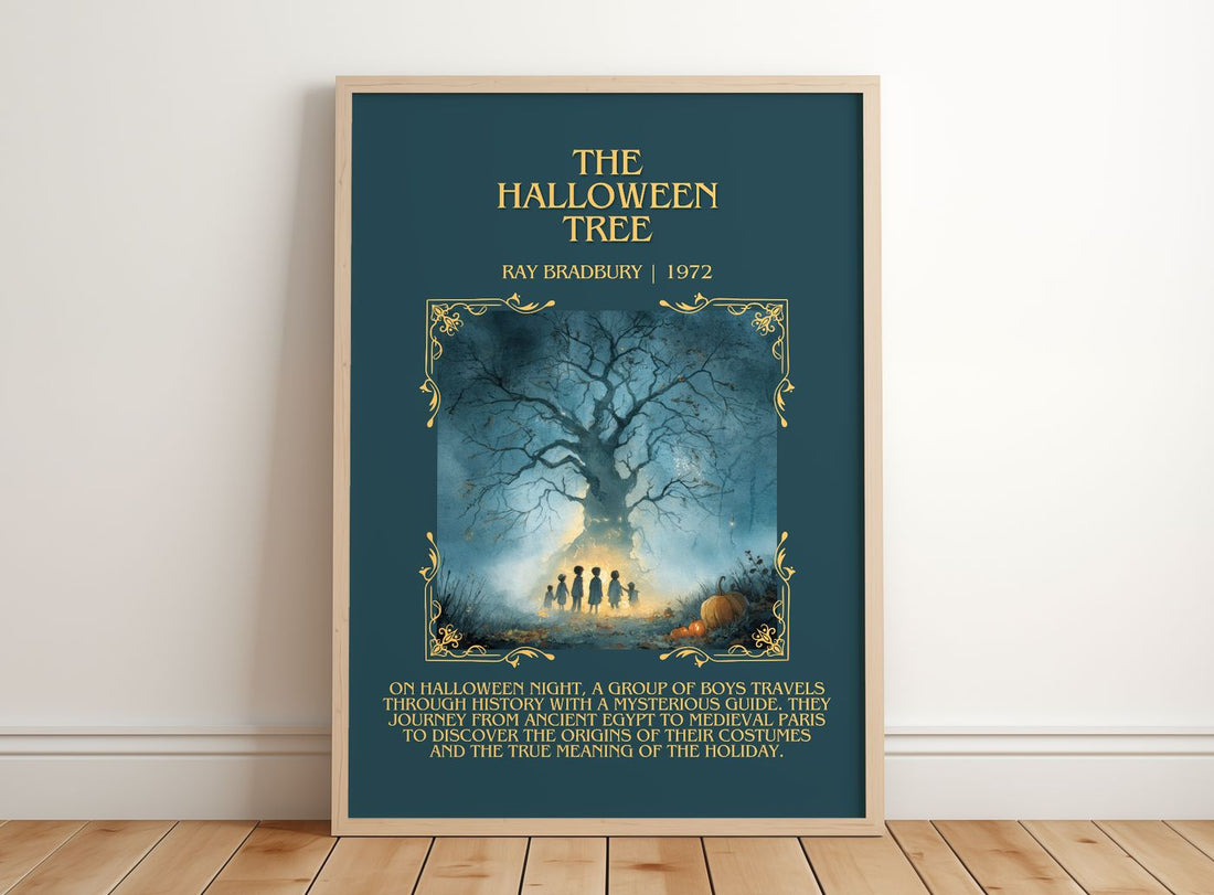 The Halloween Tree Minimalist Book Poster by Ray Bradbury – framed print leaning on a wooden floor