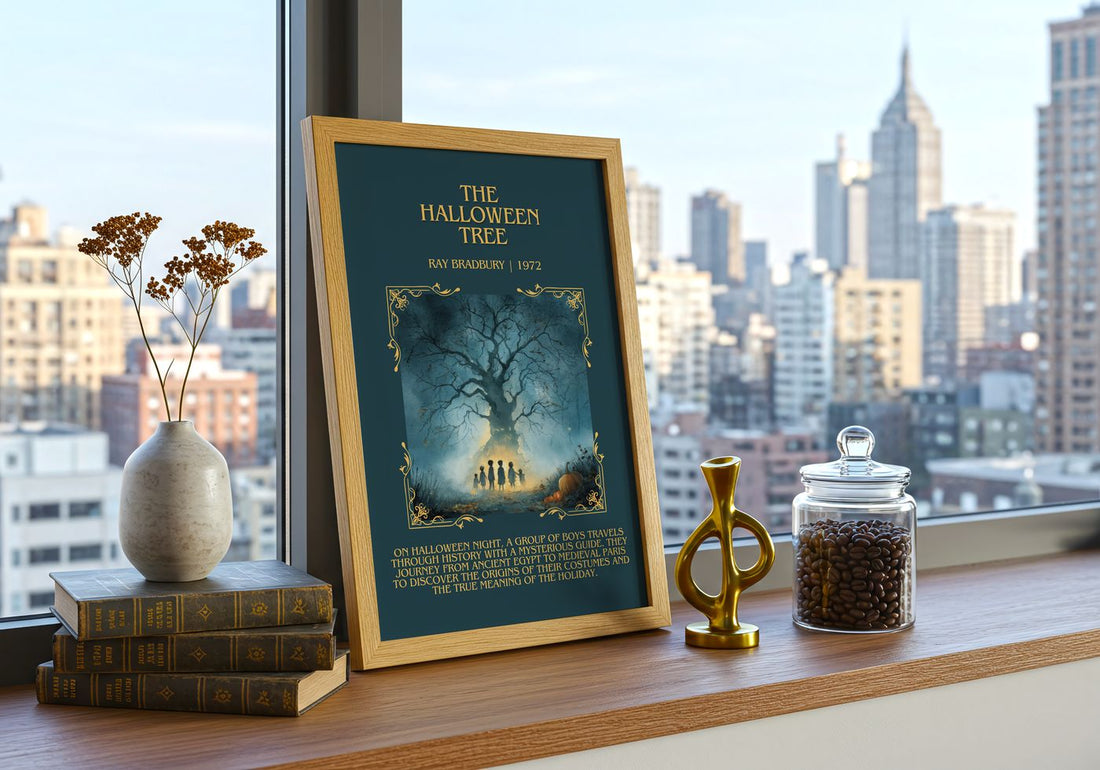The Halloween Tree Minimalist Book Poster by Ray Bradbury – framed print on a city-view windowsill