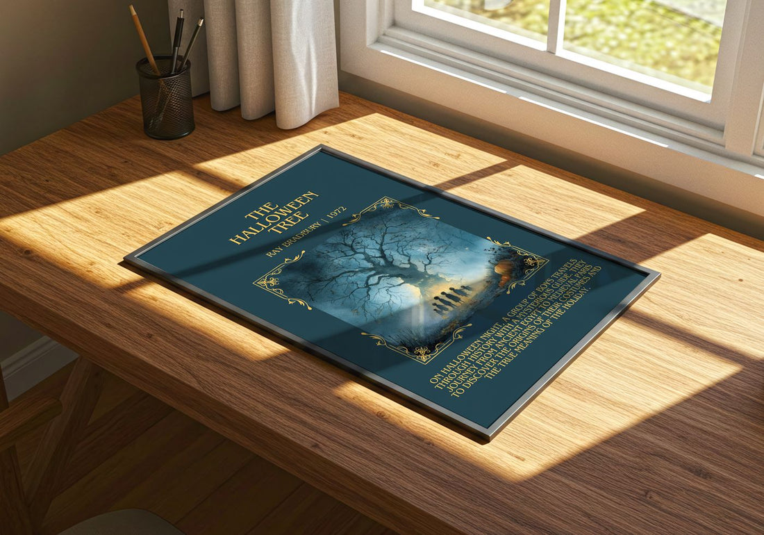 The Halloween Tree Minimalist Book Poster by Ray Bradbury – print on a sunlit desk