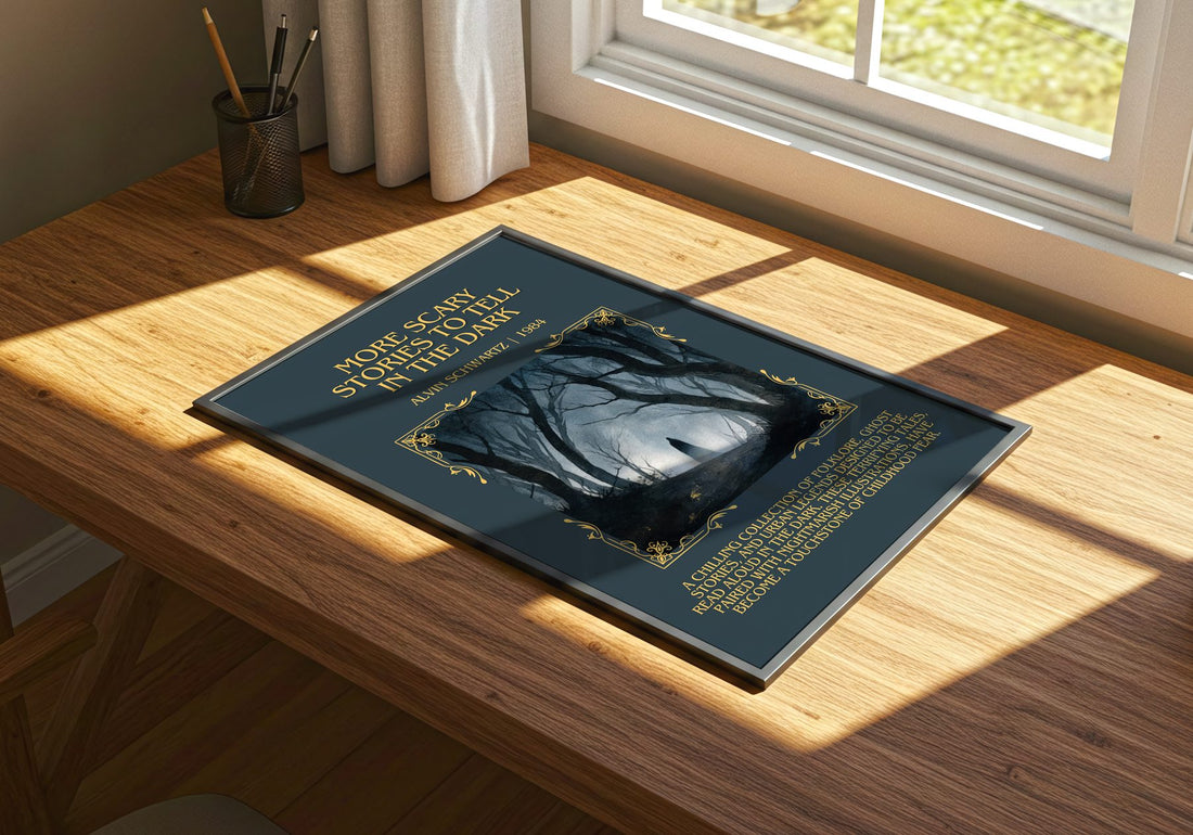 More Scary Stories To Tell In The Dark Minimalist Book Poster – print on a sunlit desk