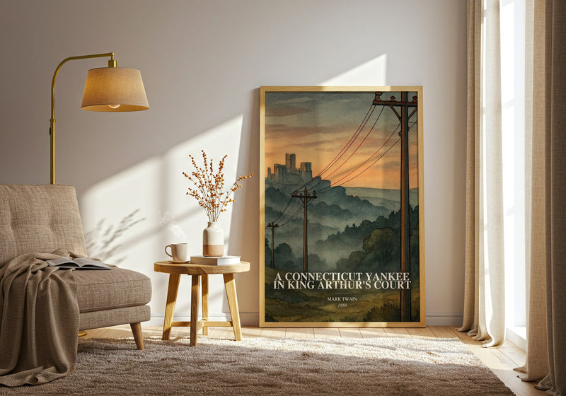 A Connecticut Yankee In King Arthur'S Court watercolour print in frame leaning in hallway – satire wall art