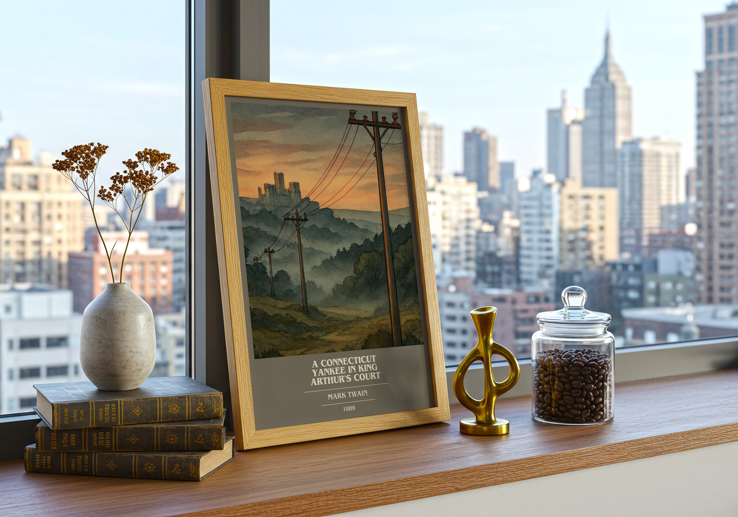 A Connecticut Yankee In King Arthur's Court book cover print framed by window – literary home decor