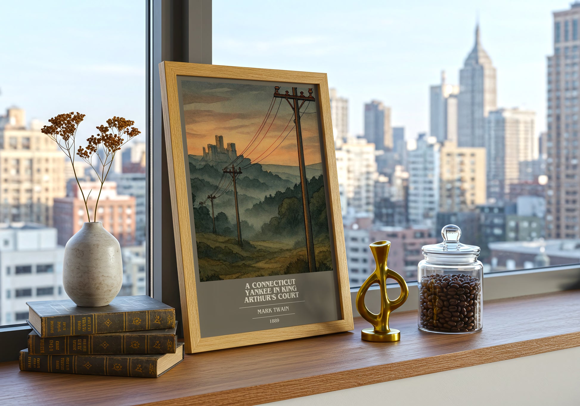 A Connecticut Yankee In King Arthur's Court book cover print framed by window – literary home decor