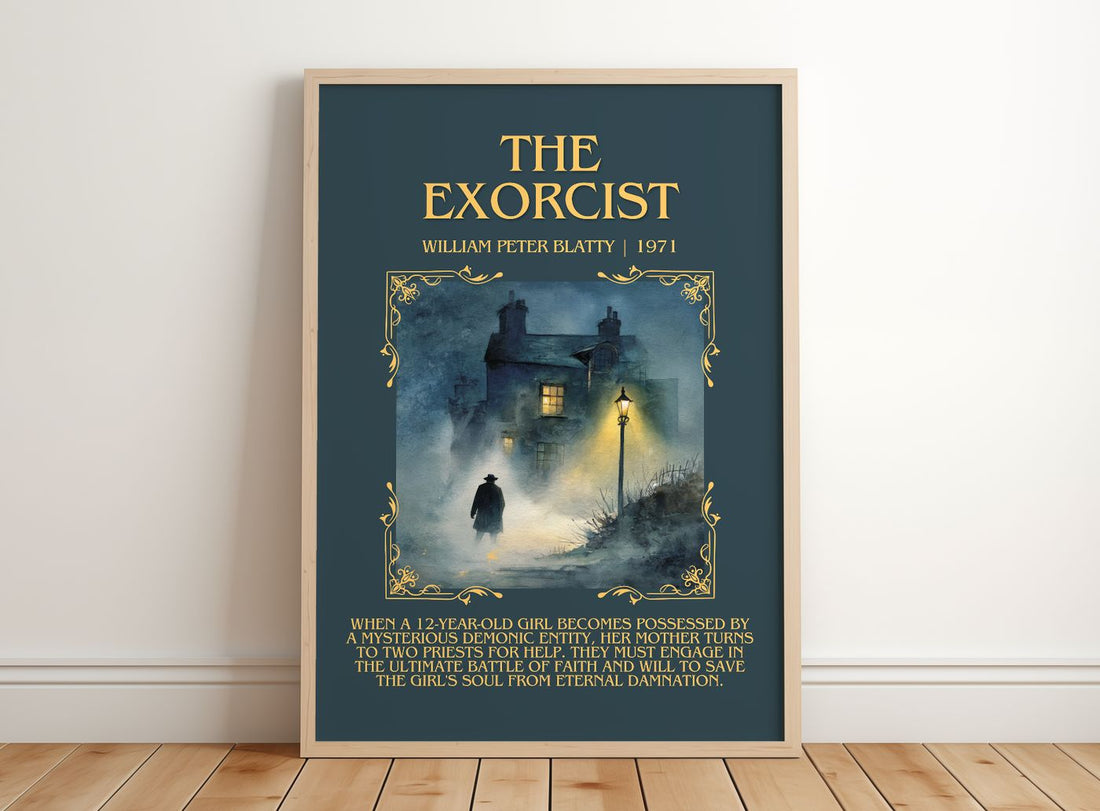 The Exorcist Minimalist Book Poster by William Peter Blatty – framed print leaning on a wooden floor