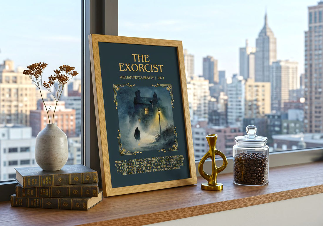 The Exorcist Minimalist Book Poster by William Peter Blatty – framed print on a city-view windowsill
