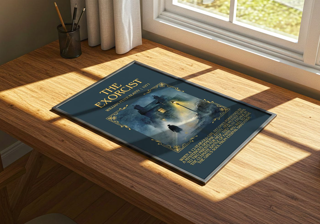 The Exorcist Minimalist Book Poster by William Peter Blatty – print on a sunlit desk