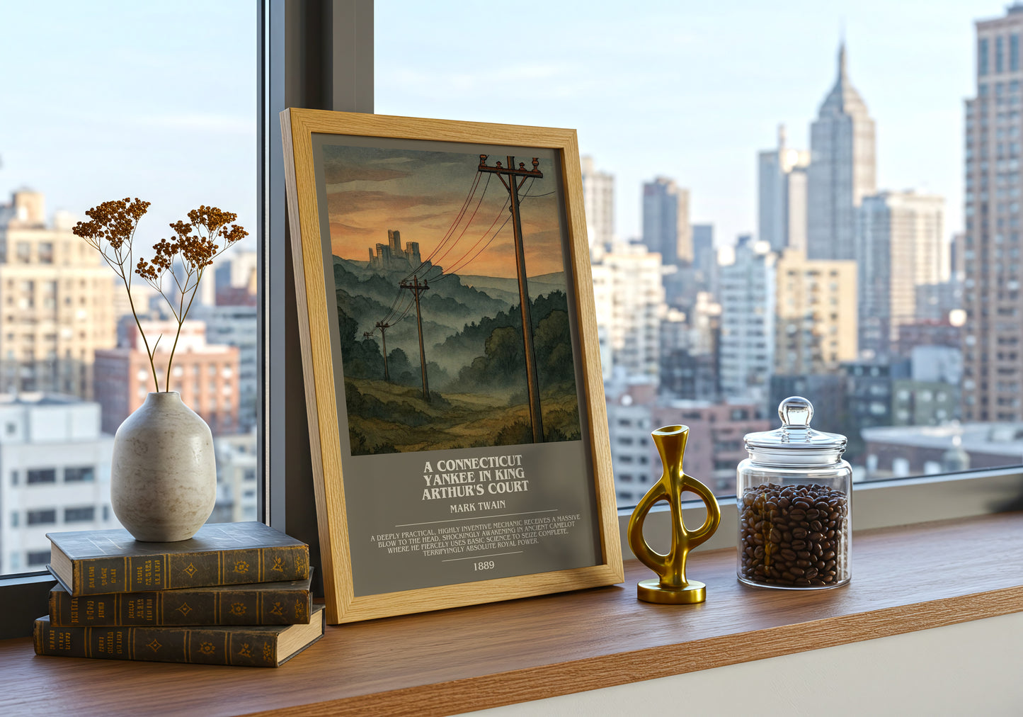 A Connecticut Yankee In King Arthur's Court bookish print framed by window – literary home decor