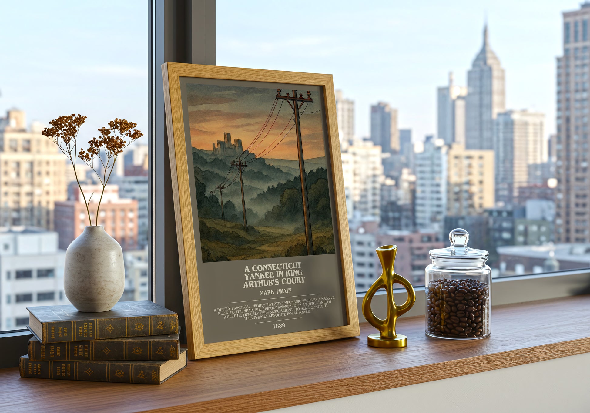 A Connecticut Yankee In King Arthur's Court bookish print framed by window – literary home decor