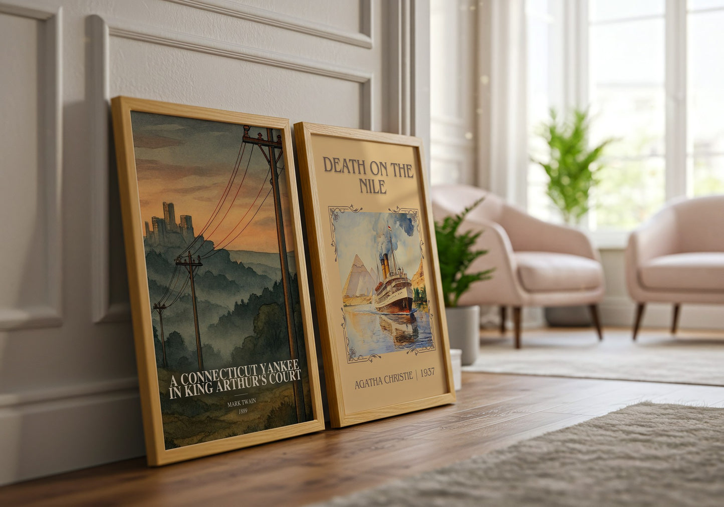 A Connecticut Yankee In King Arthur'S Court watercolour print framed by window – literary home decor