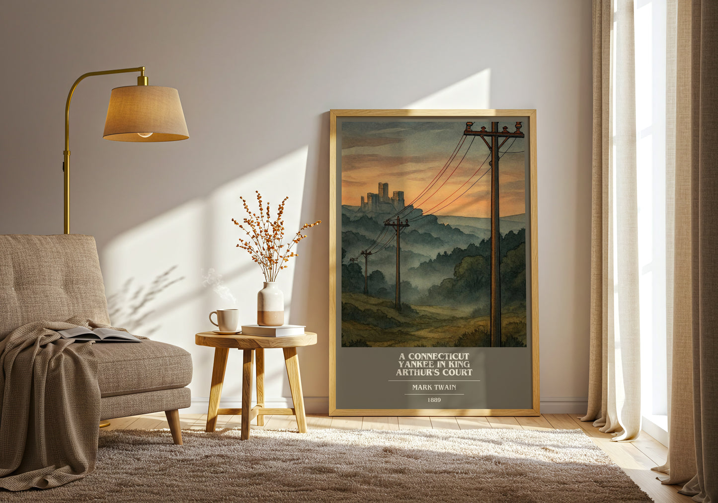 A Connecticut Yankee In King Arthur's Court book cover print on bookshelf – Mark Twain fan gift