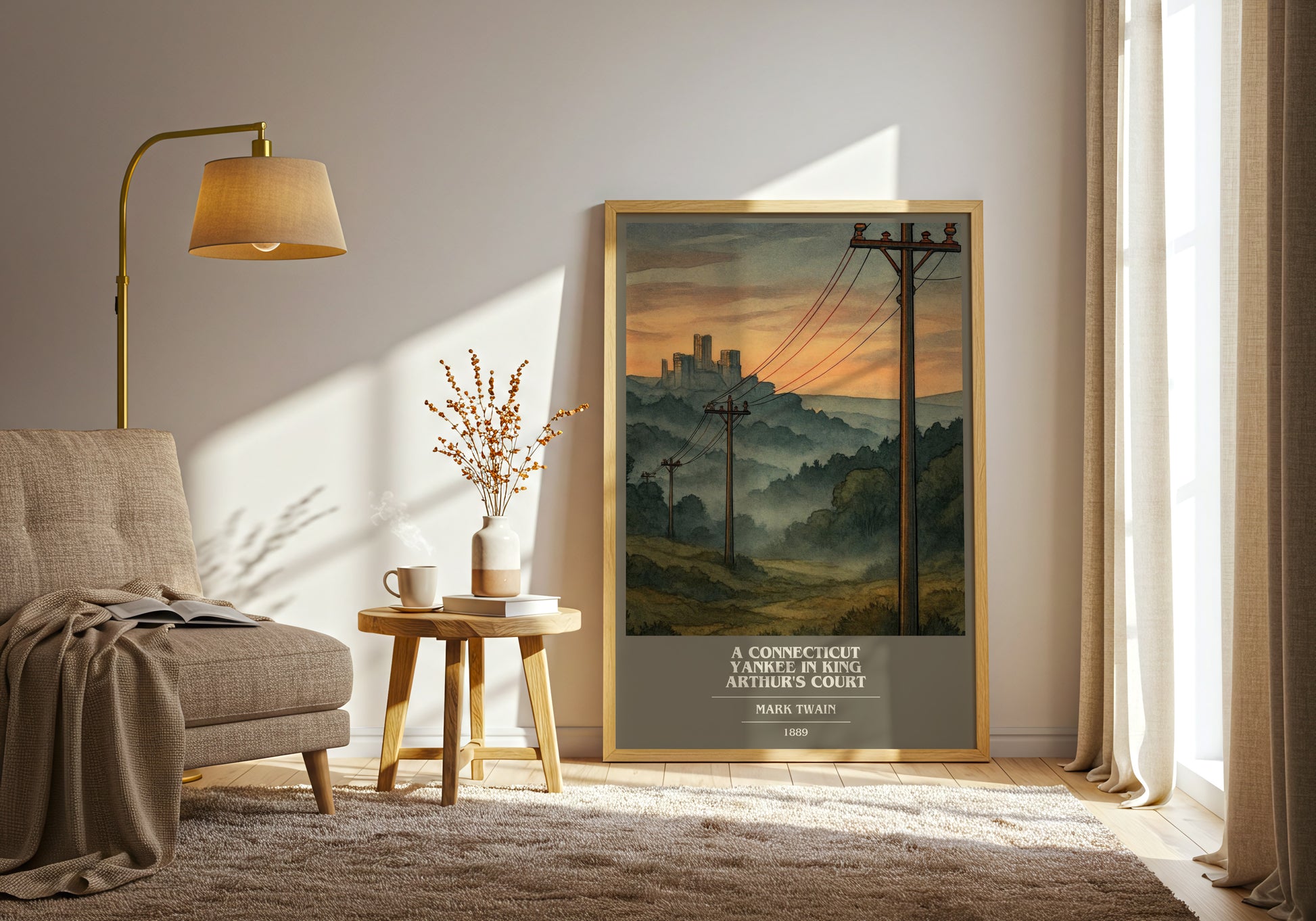 A Connecticut Yankee In King Arthur's Court book cover print on bookshelf – Mark Twain fan gift
