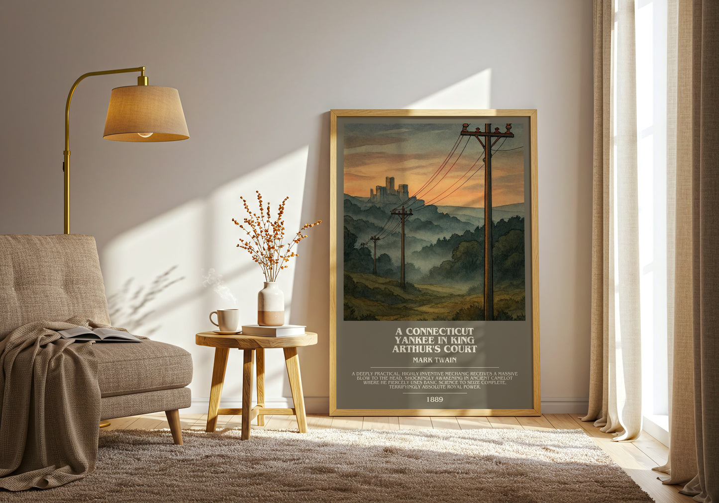 A Connecticut Yankee In King Arthur's Court bookish print on bookshelf – Mark Twain fan gift