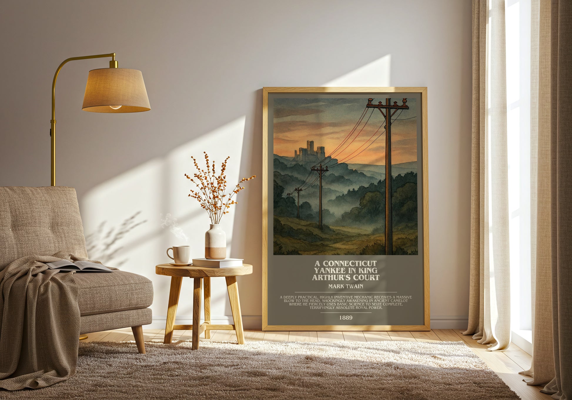 A Connecticut Yankee In King Arthur's Court bookish print on bookshelf – Mark Twain fan gift