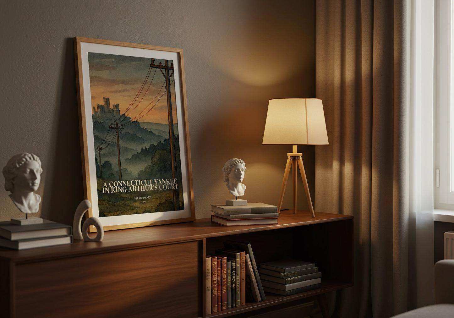 A Connecticut Yankee In King Arthur'S Court watercolour print on bookshelf – Mark Twain fan gift