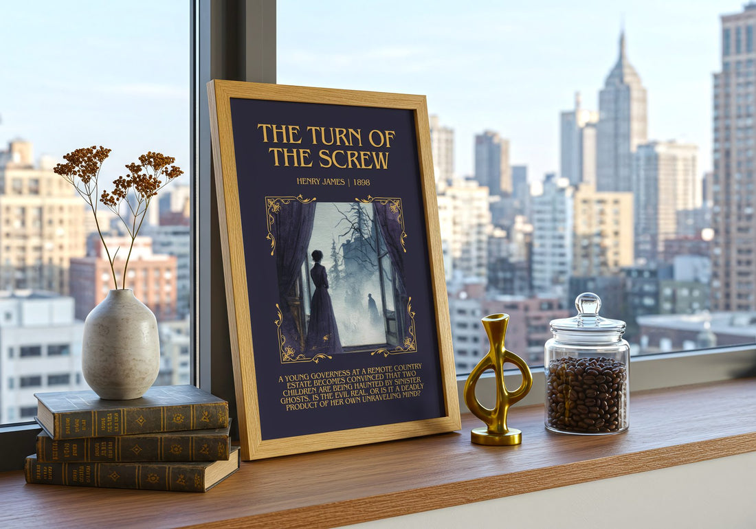 The Turn Of The Screw Minimalist Book Poster by Henry James – framed print on a city-view windowsill