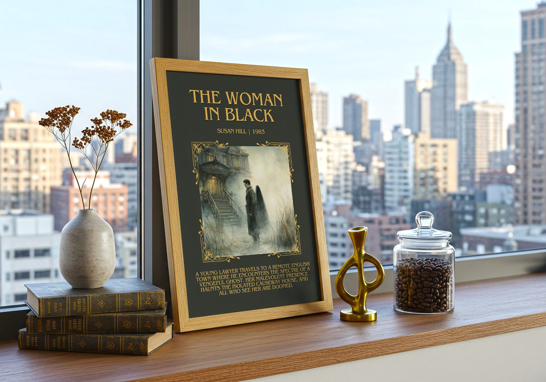 The Woman In Black Minimalist Book Poster by Susan Hill – framed print on a city-view windowsill