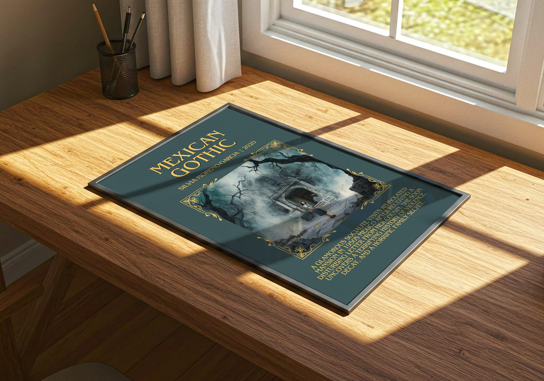 Mexican Gothic Minimalist Book Poster by Silvia Moreno-Garcia – print on a sunlit desk