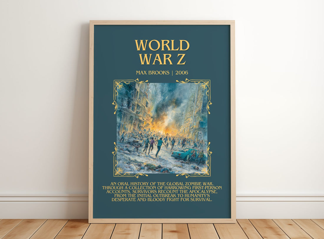 World War Z Minimalist Book Poster by Max Brooks – framed print leaning on a wooden floor