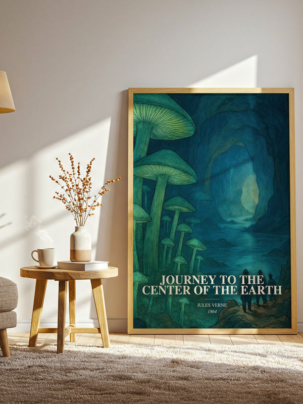 Journey To The Center Of The Earth watercolour print in frame leaning in hallway – adventure wall art