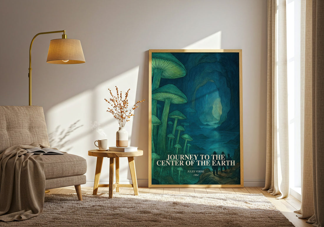 Journey To The Center Of The Earth watercolour print in frame leaning in hallway – adventure wall art (mockup)