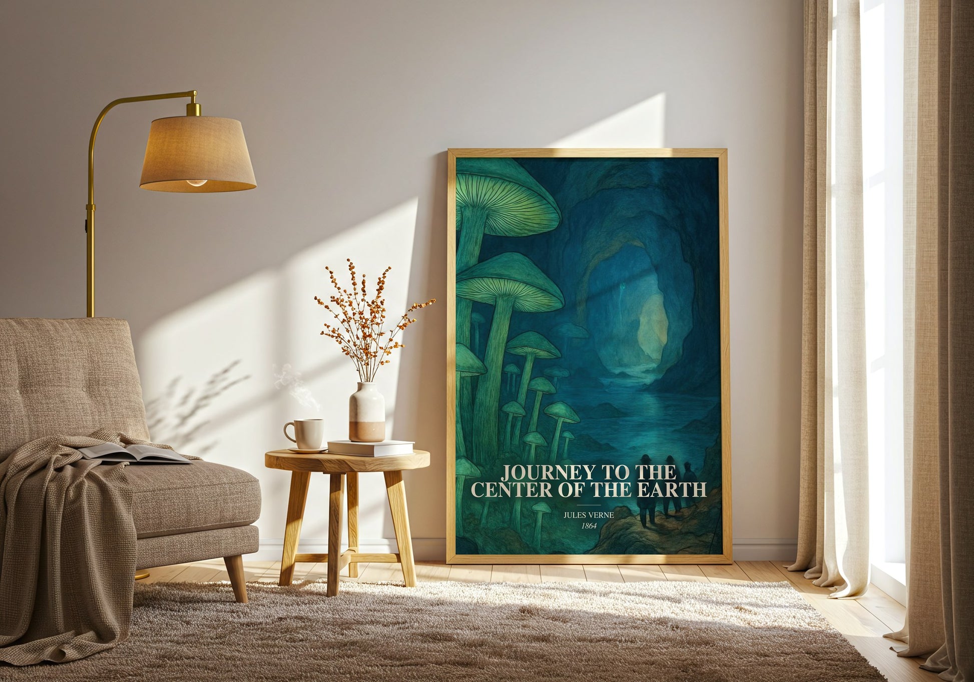 Journey To The Center Of The Earth watercolour print in frame leaning in hallway – adventure wall art