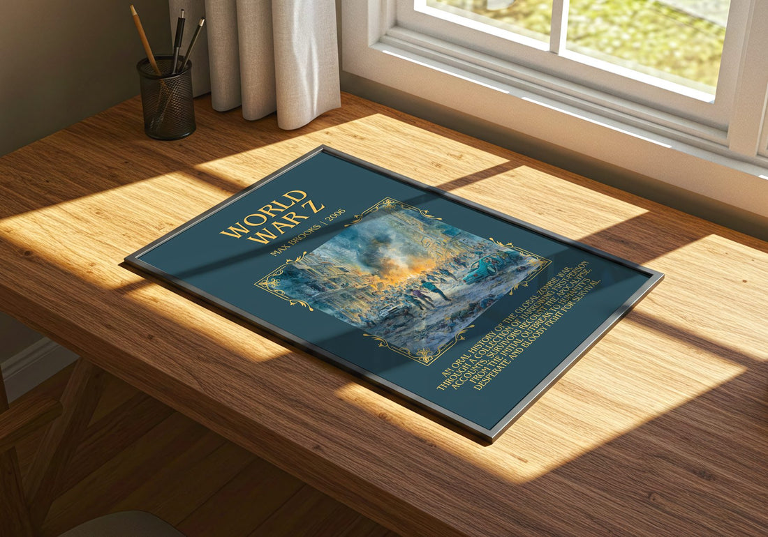 World War Z Minimalist Book Poster by Max Brooks – print on a sunlit desk