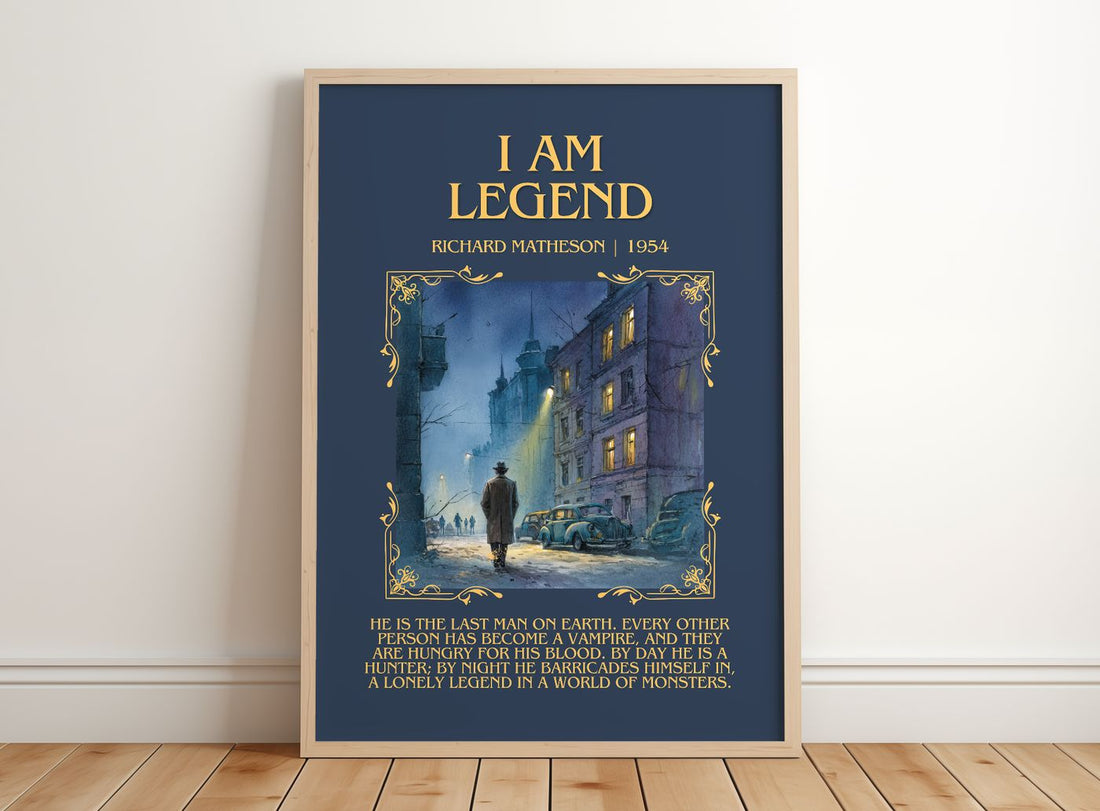 I Am Legend Minimalist Book Poster by Richard Matheson – framed print leaning on a wooden floor