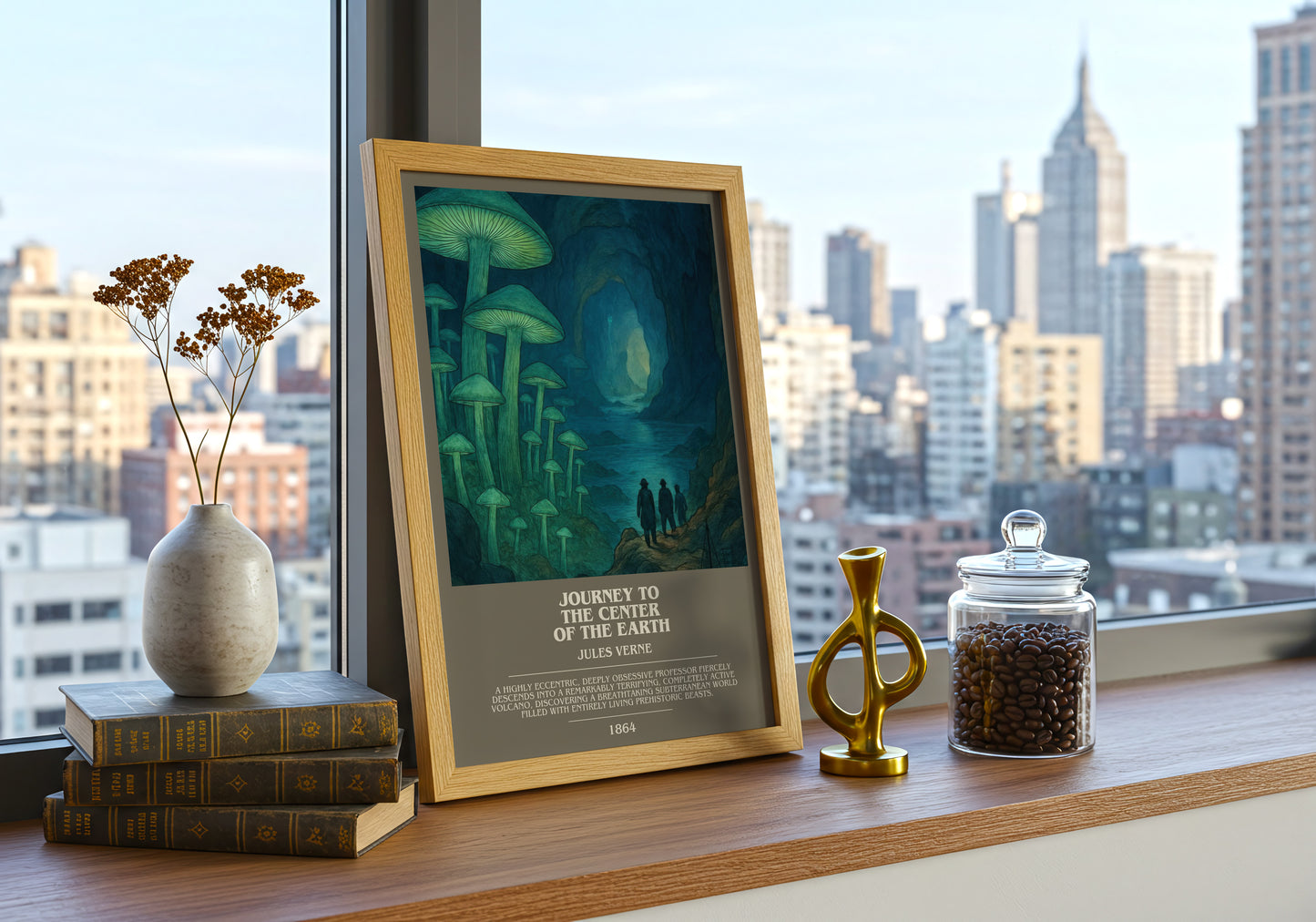 Journey To The Center Of The Earth bookish print framed by window – literary home decor