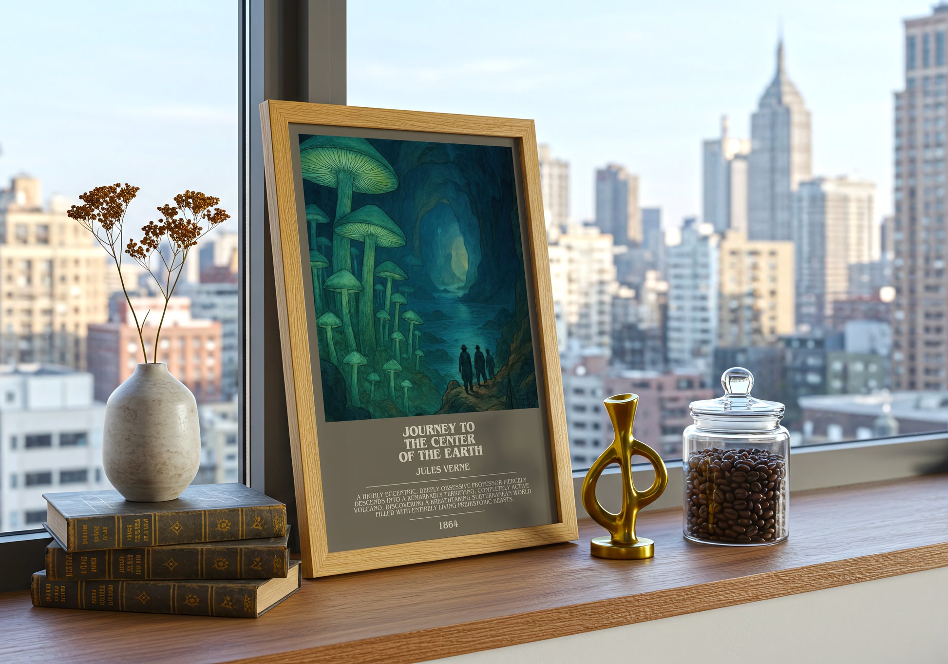 Journey To The Center Of The Earth bookish print framed by window – literary home decor