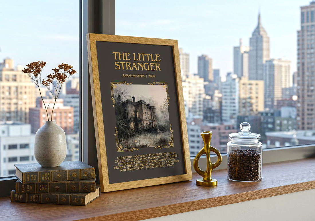 The Little Stranger Minimalist Book Poster by Sarah Waters – framed print on a city-view windowsill