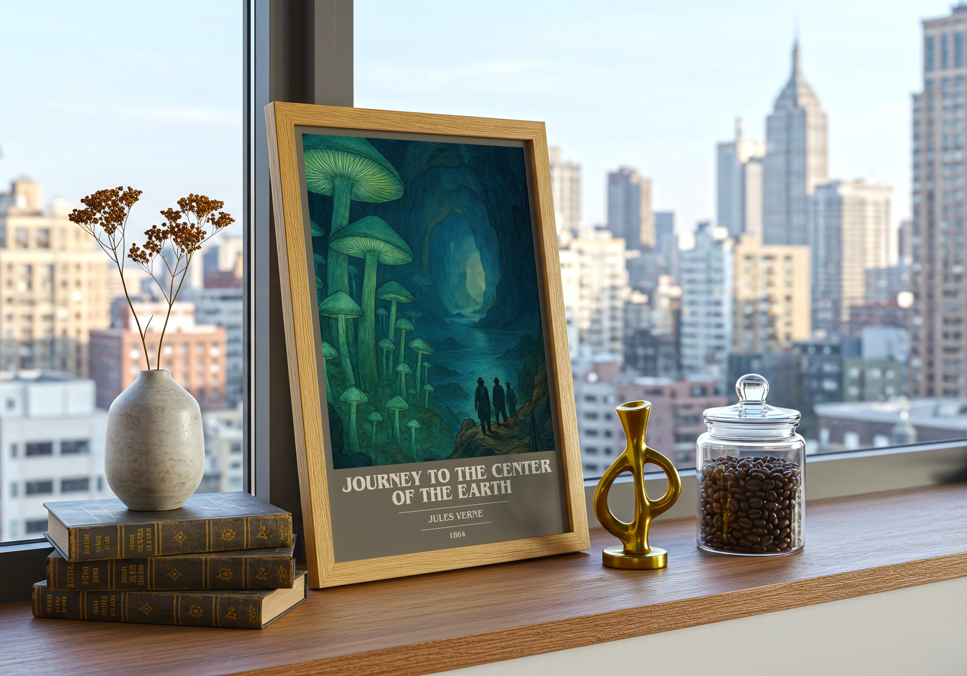 Journey To The Center Of The Earth book cover print framed by window – literary home decor