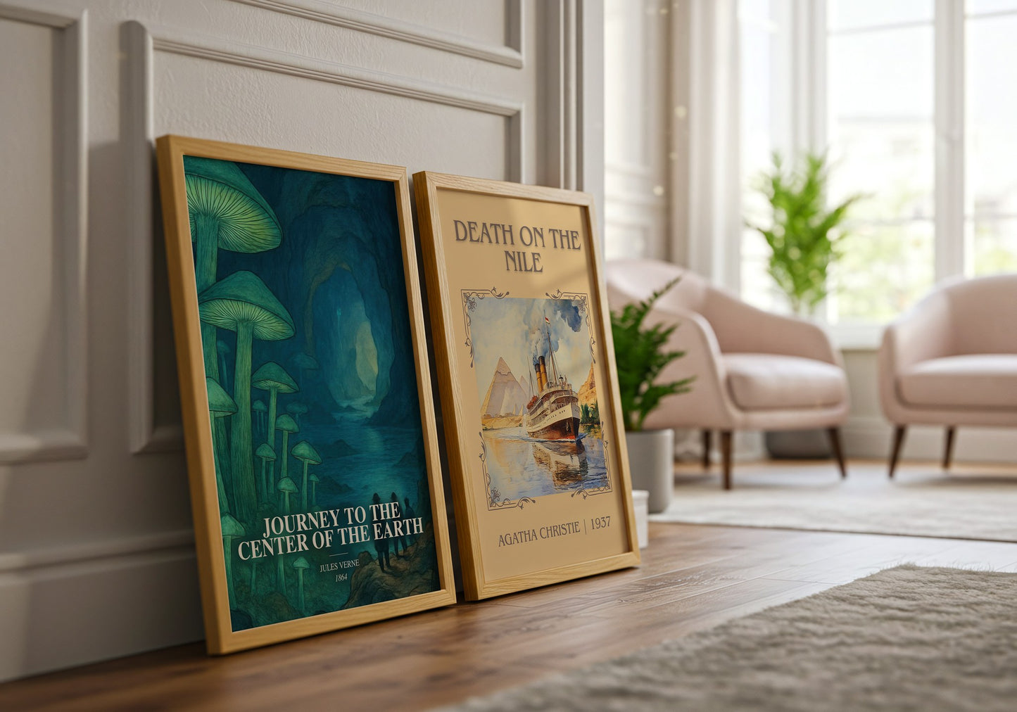 Journey To The Center Of The Earth watercolour print framed by window – literary home decor