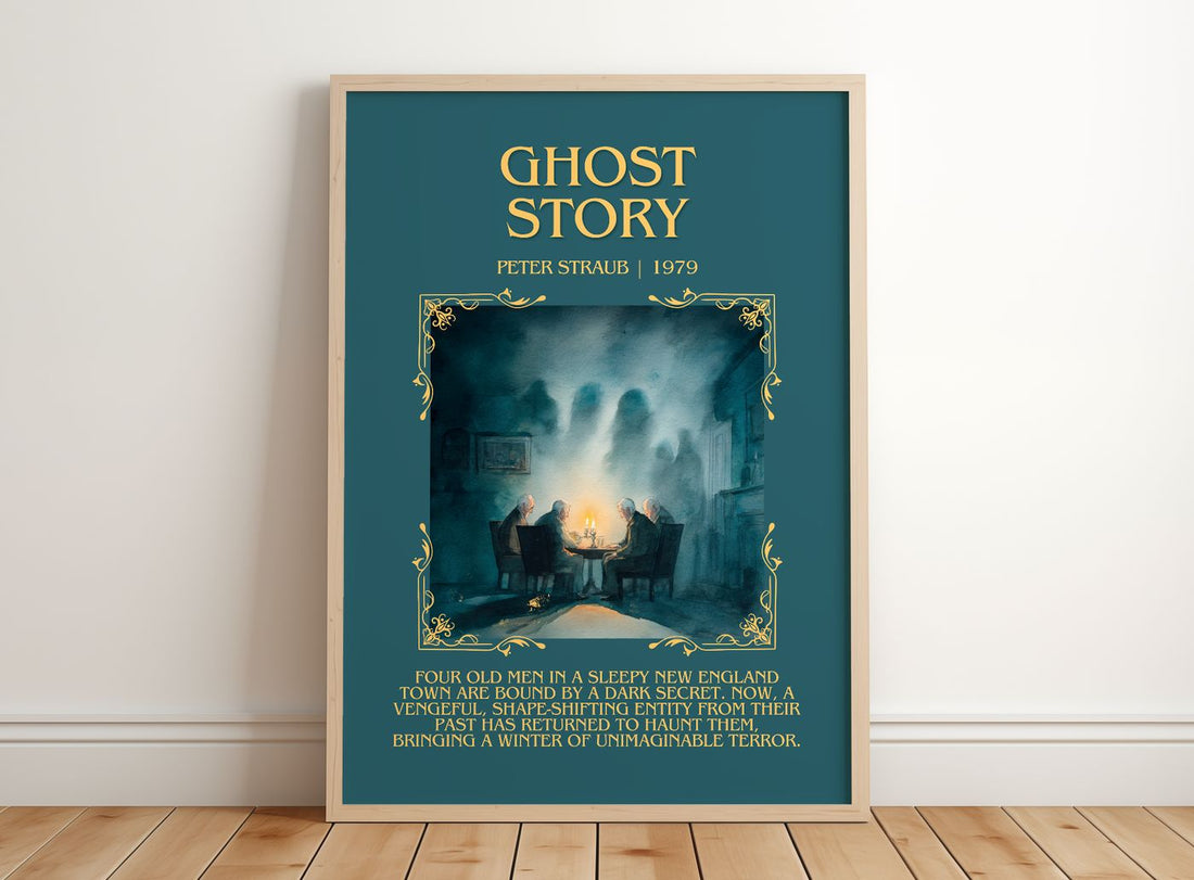 Ghost Story Minimalist Book Poster by Peter Straub – framed print leaning on a wooden floor